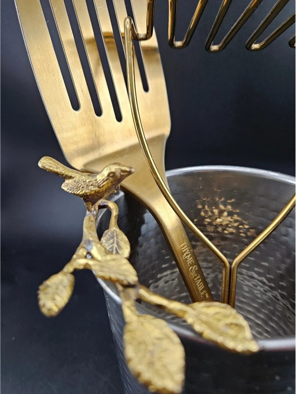 Thyme & Table Kitchen Set Gold Bird Branch Paper Towel Holder & Utensil Crock